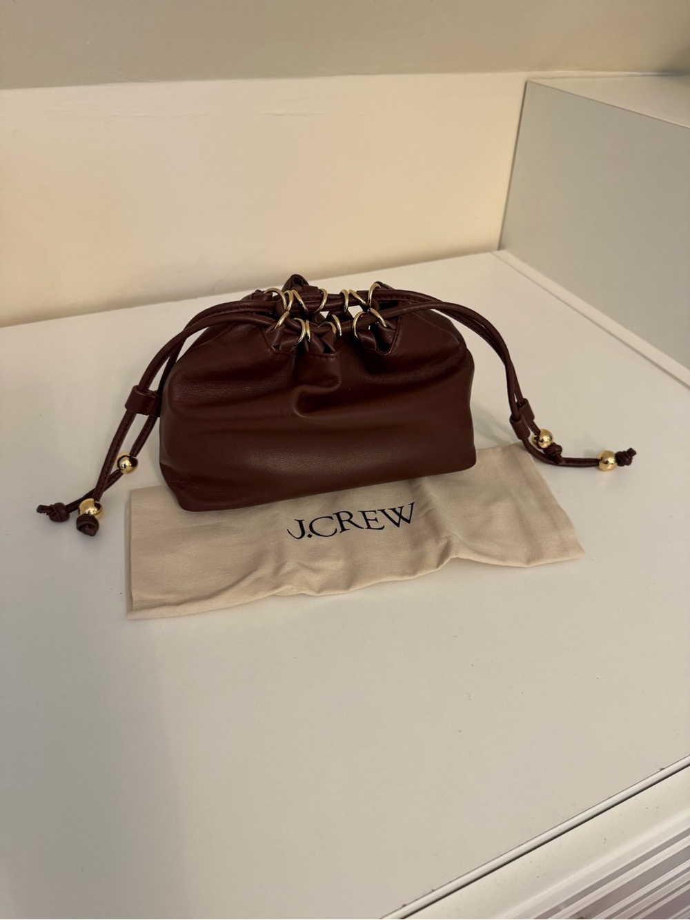 NWT Burgundy J Crew Leather Ring-Handle Women’s Handbag with Gold Accents